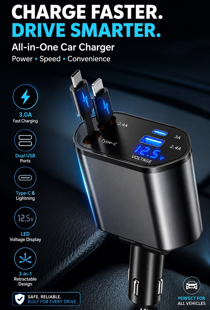 4-in-1 Retractable Car Charger | 180° Adjustable Fast Charging Hub with Digital Voltage Display