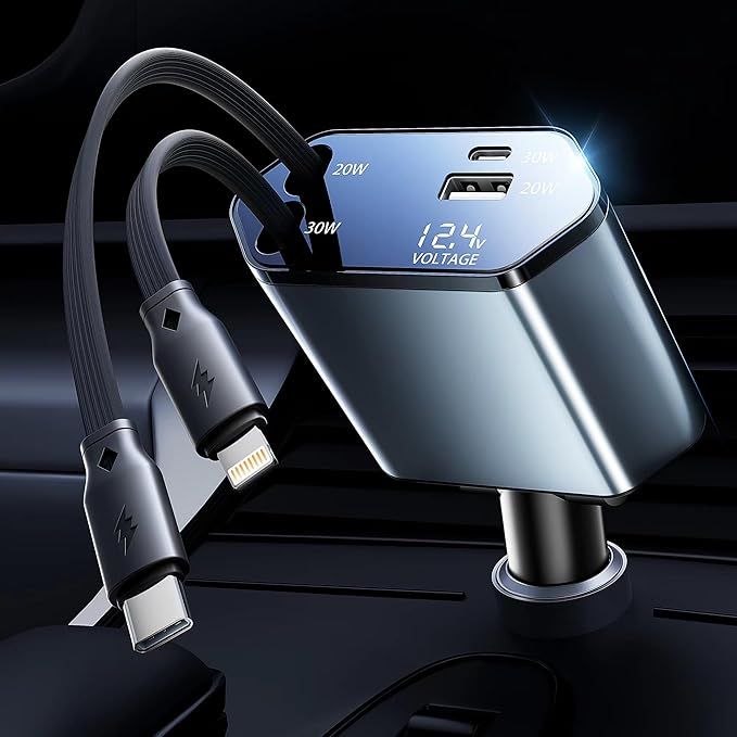 4-in-1 Retractable Car Charger | 180° Adjustable Fast Charging Hub with Digital Voltage Display