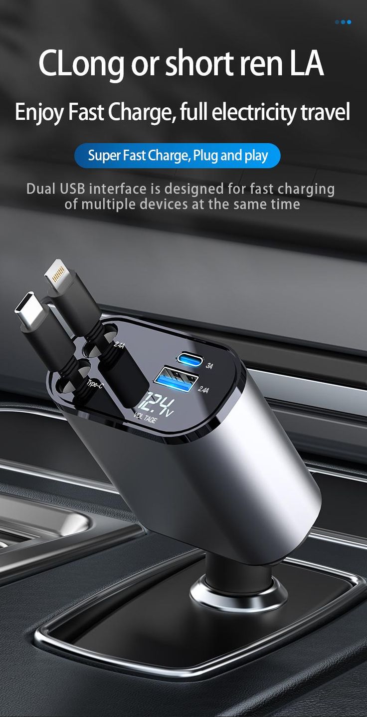 4-in-1 Retractable Car Charger | 180° Adjustable Fast Charging Hub with Digital Voltage Display