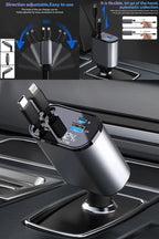 4-in-1 Retractable Car Charger | 180° Adjustable Fast Charging Hub with Digital Voltage Display