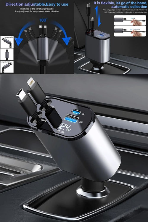 4-in-1 Retractable Car Charger | 180° Adjustable Fast Charging Hub with Digital Voltage Display
