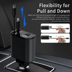 4-in-1 Retractable Car Charger | 180° Adjustable Fast Charging Hub with Digital Voltage Display