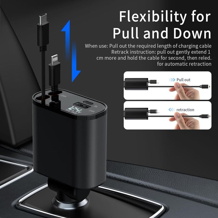 4-in-1 Retractable Car Charger | 180° Adjustable Fast Charging Hub with Digital Voltage Display